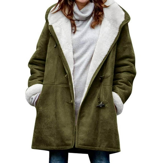 Women Fuzzy Jacket Fleece Lined Hooded Horn Buttons Medium Length Overcoat Winter Windproof Furry Outerwear Streetwear