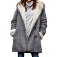 thumbnail image 1 of Women Fuzzy Jacket Fleece Lined Hooded Horn Buttons Medium Length Overcoat Winter Windproof Furry Outerwear Streetwear, 1 of 7