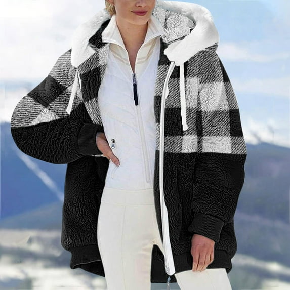 Women Fuzzy Jackets Plus Size,Womens 2023 Winter Fuzzy Fleece Jacket Hooded Color Block Patchwork Cardigan Coats Outerwear with Pockets