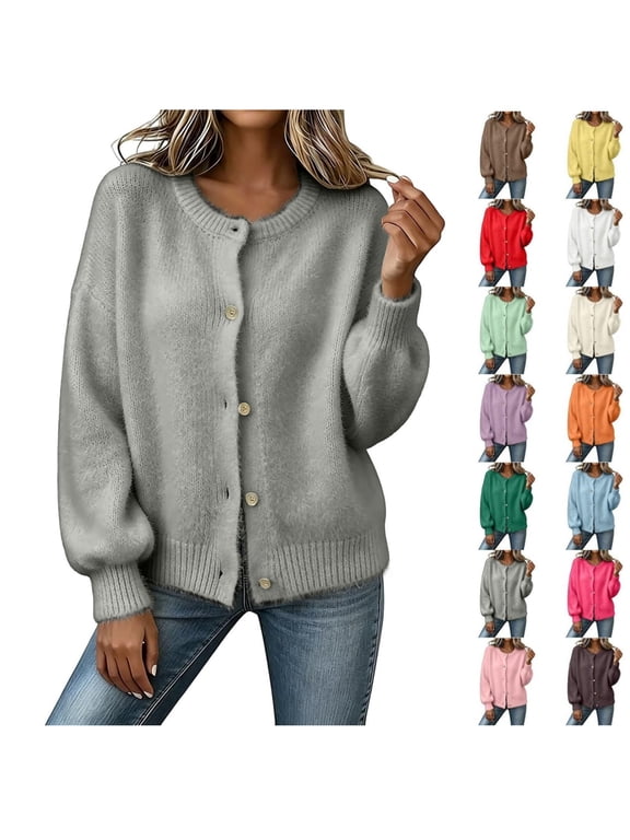 Women Fuzzy Knit Cardigan Sweater Crew Neck Button Down Long Puff Sleeve Loose Fuzzy Open Front Knit Coat for Fall Winter