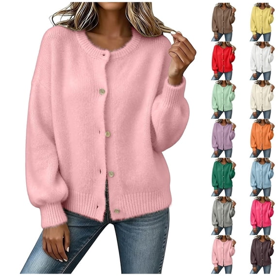 Women Fuzzy Knit Cardigan Sweater Crew Neck Button Down Long Puff Sleeve Loose Fuzzy Open Front Knit Coat for Fall Winter