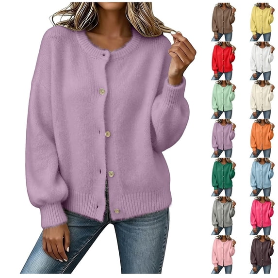 Women Fuzzy Knit Cardigan Sweater Crew Neck Button Down Long Puff Sleeve Loose Fuzzy Open Front Knit Coat for Fall Winter