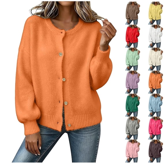 Women Fuzzy Knit Cardigan Sweater Crew Neck Button Down Long Puff Sleeve Loose Fuzzy Open Front Knit Coat for Fall Winter