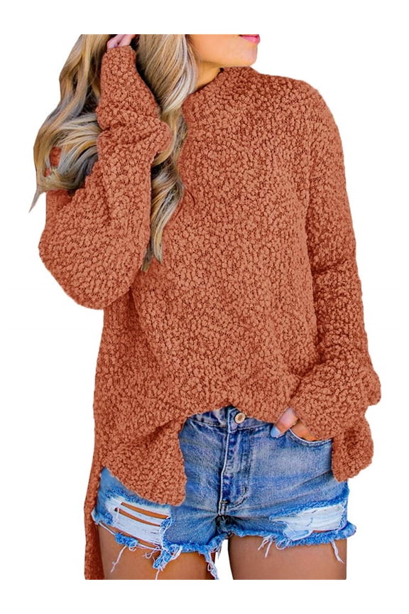 Women Fuzzy Knitted Sweater Sherpa Fleece Fall Winter Split Jumper
