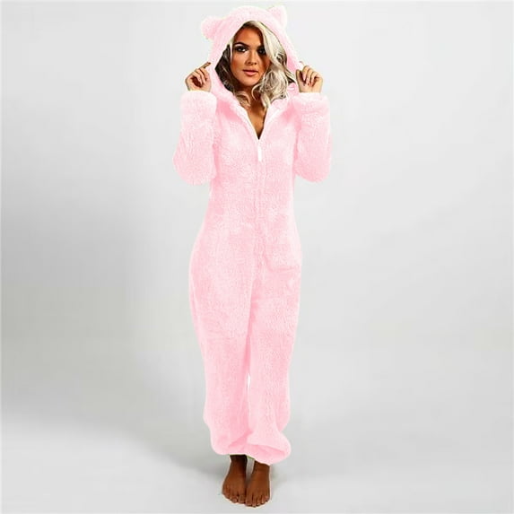Women Fuzzy Onesie New Women Long Sleeve Hooded Jumpsuit Pajamas Casual Winter Warm Romper Sleepwear Style B-17 Pinky L