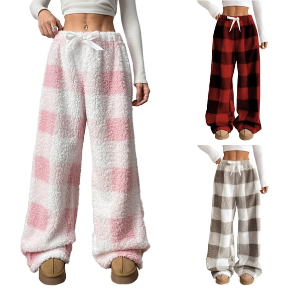 Women Fuzzy Pajama Pants Plush Elastic Waist Wide Leg Plaid Pants Pj Bottoms Lounge Fluffy Pants Pink M