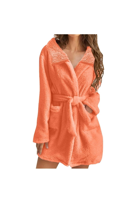 Women Fuzzy Robe Short Bathrobe Belted Soft Fall Winter Spa Fleece Plush Lapel Neck Kimono Bath Robe with Pockets (2XL, Orange)