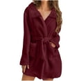 thumbnail image 1 of Women Fuzzy Robe Short Bathrobe Belted Soft Fall Winter Spa Fleece Plush Lapel Neck Kimono Bath Robe with Pockets (3XL, Wine), 1 of 5