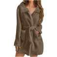 thumbnail image 1 of Women Fuzzy Robe Short Bathrobe Belted Soft Fall Winter Spa Fleece Plush Lapel Neck Kimono Bath Robe with Pockets (M, Coffee), 1 of 5