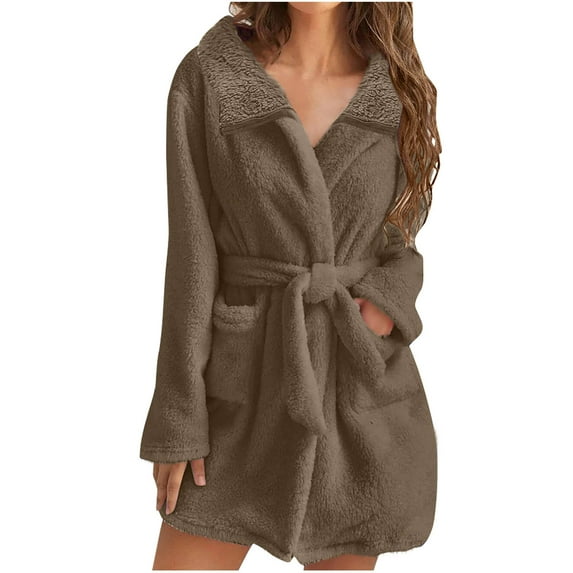 Women Fuzzy Robe Short Bathrobe Belted Soft Fall Winter Spa Fleece Plush Lapel Neck Kimono Bath Robe with Pockets (M, Coffee)