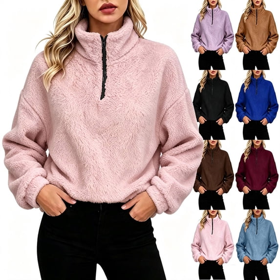 Women Fuzzy Sherpa Plush Quarter Zip Sweatshirt Sevevn Stand Collar Long Sleeve Side Pocket Oversized Warm Casual Pullover Tops