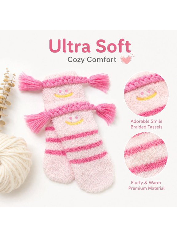 Women Fuzzy Slipper Socks, 3D Braided Hair Novelty Cartoon Face Bed Crew Socks with Tassels, Fluffy Warm Winter Loungewear Stocking Stuffers Gag Gifts for Girls