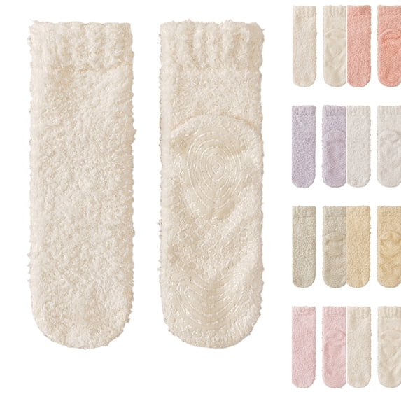 Women Fuzzy Slipper Socks, Winter Warm Cozy Non‑Slip Fuzzy Socks | Soft Plush Lining, Anti‑Slip Bottom Grip, Breathable Fabric, Stretchy Fit, Great for Lounging & Sleep (Beige)