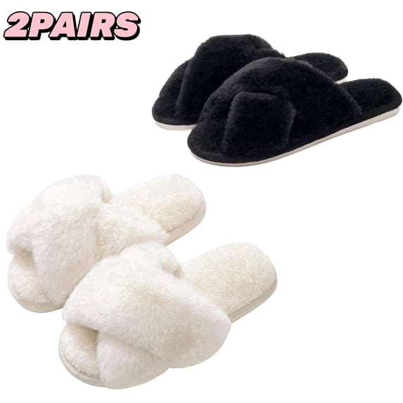 MiracDan Women Fuzzy Slippers Cross Band Memory Foam Indoor House Shoes Slippers Open Toe 2 Pairs Black White Home Fashion
