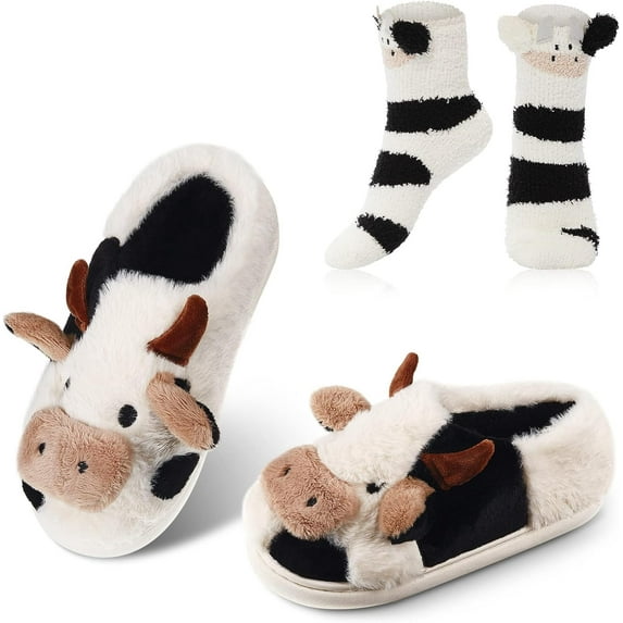 Women Fuzzy Slippers Soft Cow Slippers Kawaii Slippers Cow Animal Slippers Cute Slippers 3D Animal Winter Warm Slipper Socks Non Skid House Slippers