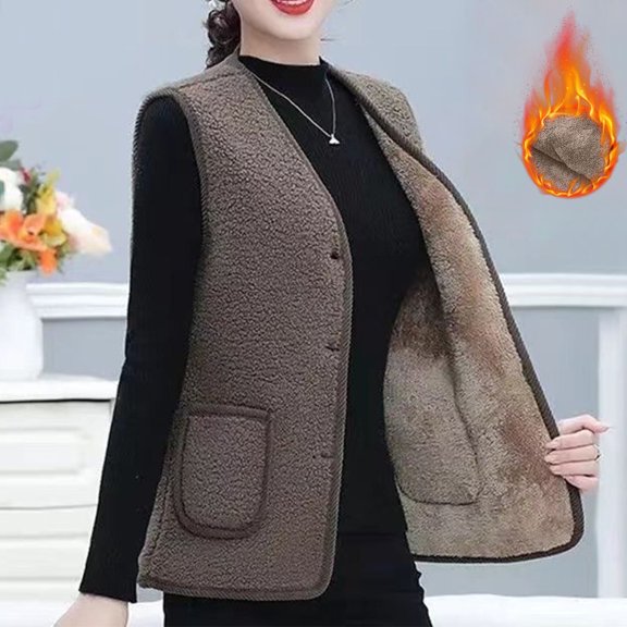 Women Fuzzy Vest Button Warm Sleeveless Fall Winter Waistcoat Outerwear with Pocket Apricot Coffee 3XL