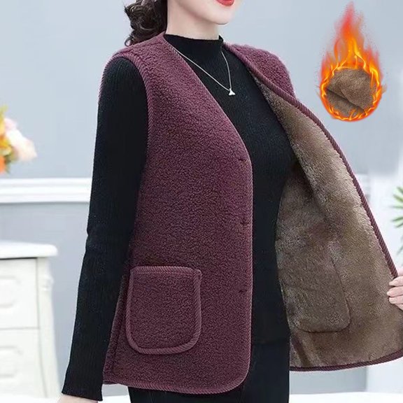 Women Fuzzy Vest Button Warm Sleeveless Fall Winter Waistcoat Outerwear with Pocket Apricot Purple 4XL