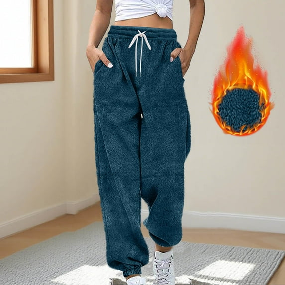 Women Fuzzy Wide Leg Pants Winter Warm Trousers Comfy Thermal Casual Loose Fleece Sweatpants with Pocket New Womens Wide Leg Trousers for Work Navy XL