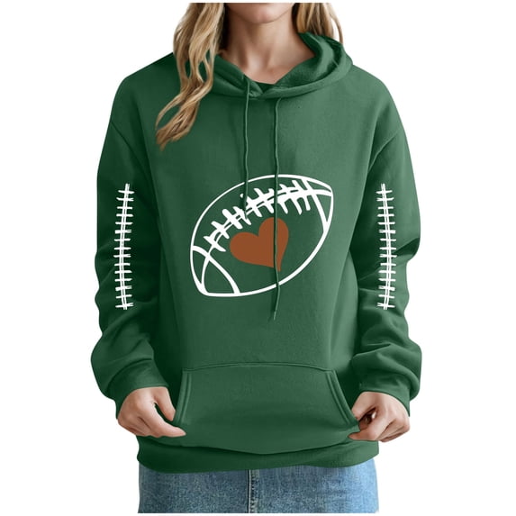 Women Game Day Heart Rugby Football Graphics Hoodies Trendy 2025 Fall Long Sleeve Drawstring Sweatshirt with Pockets