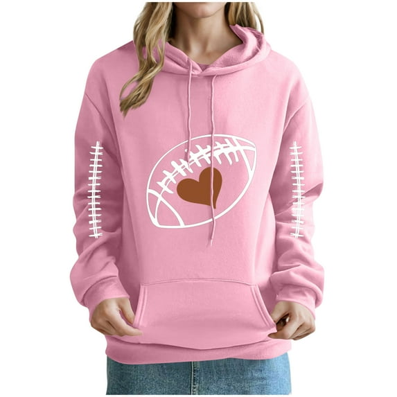 Women Game Day Heart Rugby Football Graphics Hoodies Trendy 2025 Fall Long Sleeve Drawstring Sweatshirt with Pockets