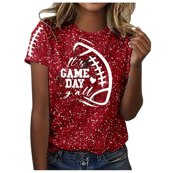 Women Game Day Tee Funny Football Glitter Print T-Shirt Casual Short Sleeve 2025 Squad Sport Season Tops