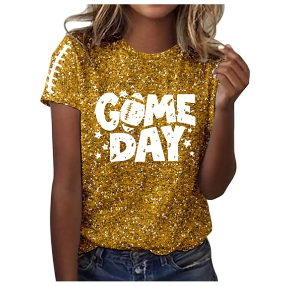 Women Game Day Tee Funny Football Glitter Print T-Shirt Casual Short Sleeve 2025 Squad Sport Season Tops