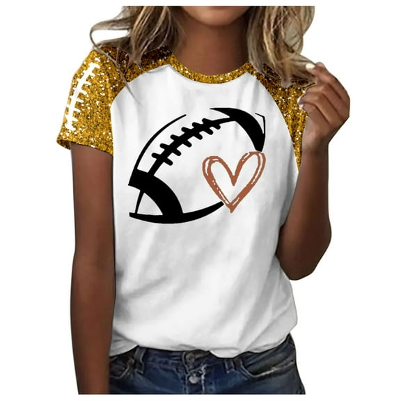 Women Game Day Tee Funny Football Glitter Print T-Shirt Casual Short Sleeve Tops 2025 Squad Sport Season Tops