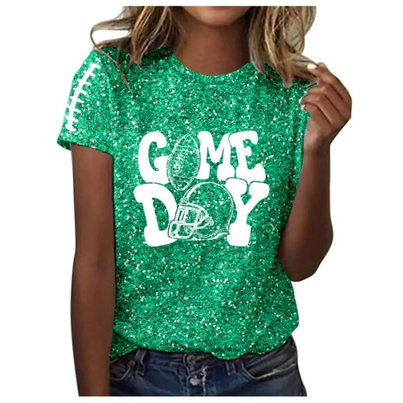 Women Game Day Tee Funny Football Glitter Print T Shirt Casual Short Sleeve Tops Squad Sport Season T-Shirts