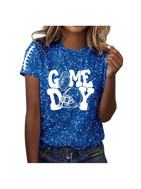 Women Game Day Tee Funny Football Glitter Print T Shirt Casual Short Sleeve Tops Squad Sport Season T-Shirts