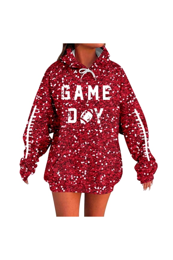 Women Gameday Sequin Print Hoodie Long Sleeve Pullover Sweatshirt With Front Pockets Adjustable Drawstring Red