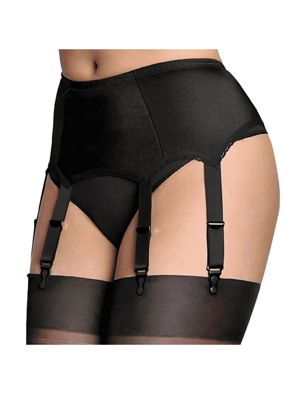 Women Garter Belt 6 Straps Adjustable Mesh High Waist with Metal Clips for Thigh Highs Black by Hontri