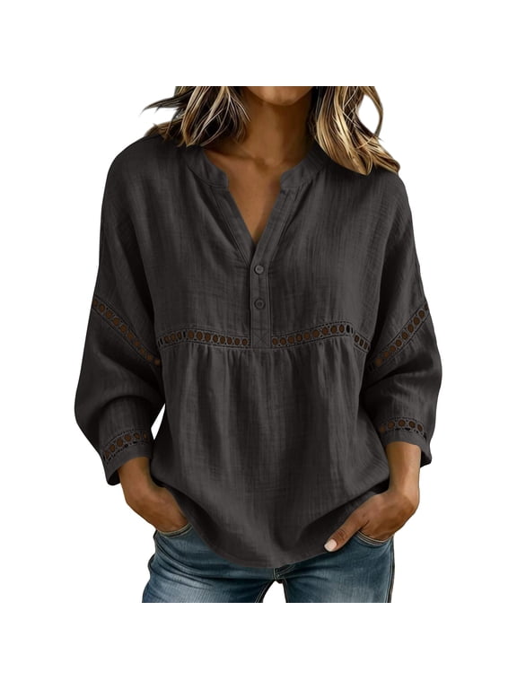 Women Gauze Button Down Shirts Loose Hollow Out Lace 3/4 Sleeves Tops Summer Boho Casual Cute Trendy V Neck Tunics