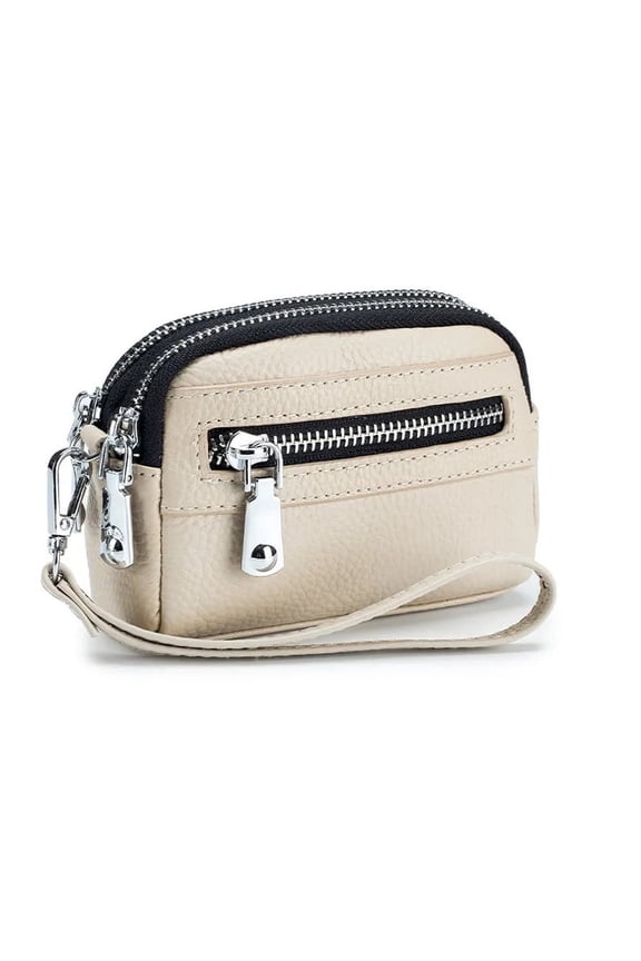 Women Genuine Leather Coin Purse Small Wristlet. 3 Zip Coin Pouch Card Holder Wallet. Soft Split Real Leather. No Credit Card Slots.
