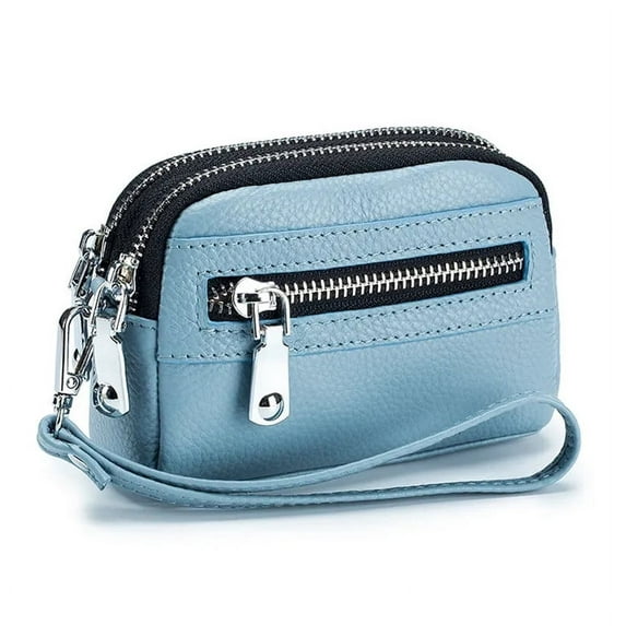 Women Genuine Leather Coin Purse Small Wristlet. 3 Zip Coin Pouch Card Holder Wallet. Soft Split Real Leather. No Credit Card Slots.