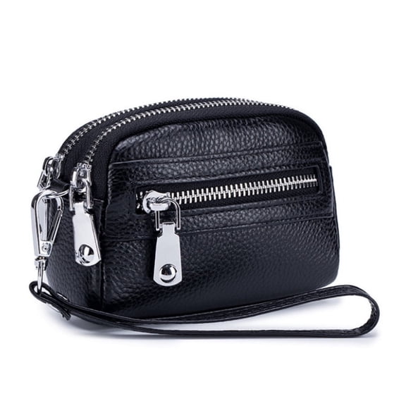 Women Genuine Leather Coin Purse Small Wristlet. 3 Zip Coin Pouch Card Holder Wallet. Soft Split Real Leather. No Credit Card Slots.