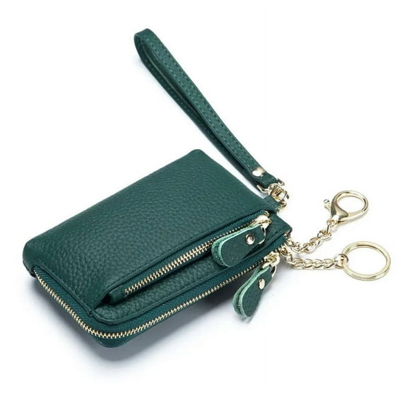 Women Genuine Leather Coin Purse with Hand Strap. Small Wallet Wristlet with 3 zip compartments & 3 credit cards slots. Soft Split Real Leather.