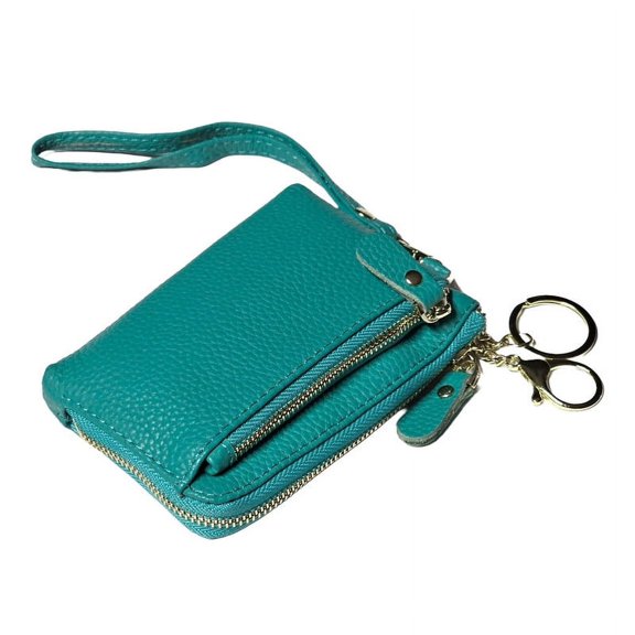 Women Genuine Leather Coin Purse with Hand Strap. Small Wallet Wristlet with 3 zip compartments & 3 credit cards slots. Soft Split Real Leather.