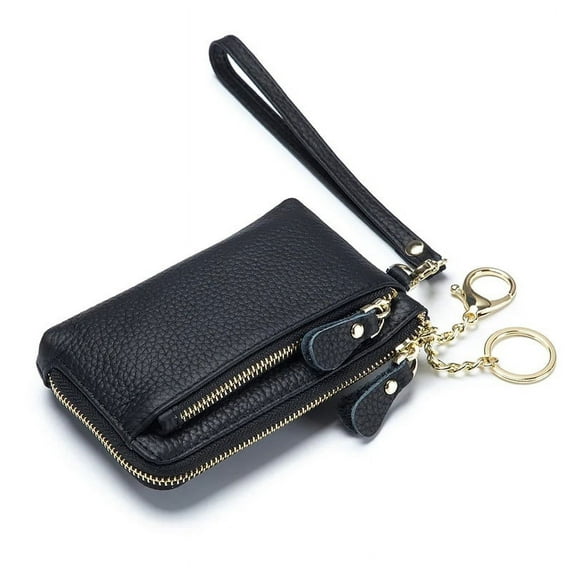Women Genuine Leather Coin Purse with Hand Strap. Small Wallet Wristlet with 3 zip compartments & 3 credit cards slots. Soft Split Real Leather.