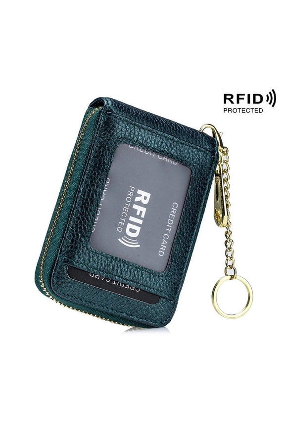 Women Genuine Leather ID Case Card Holder with Key Chain. 12 Credit Card Vertical Slots Fluorescent Minimalist Wallet Purse. RFID Blocking.