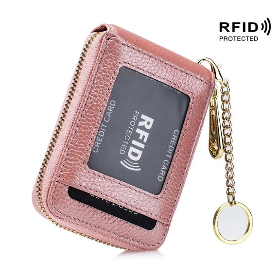 Women Genuine Leather ID Case Card Holder with Key Chain. 12 Credit Card Vertical Slots Fluorescent Minimalist Wallet Purse. RFID Blocking.