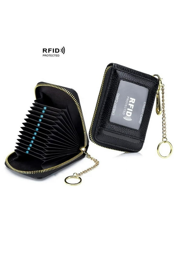 Women Genuine Leather ID Case Card Holder with Key Chain. 12 Credit Card Vertical Slots Fluorescent Minimalist Wallet Purse. RFID Blocking.