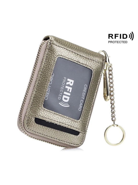 Women Genuine Leather ID Case Card Holder with Key Chain. 12 Credit Card Vertical Slots Fluorescent Minimalist Wallet Purse. RFID Blocking.