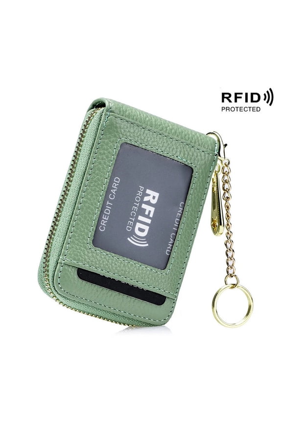 Women Genuine Leather ID Case Card Holder with Key Chain. 12 Credit Card Vertical Slots Fluorescent Minimalist Wallet Purse. RFID Blocking.