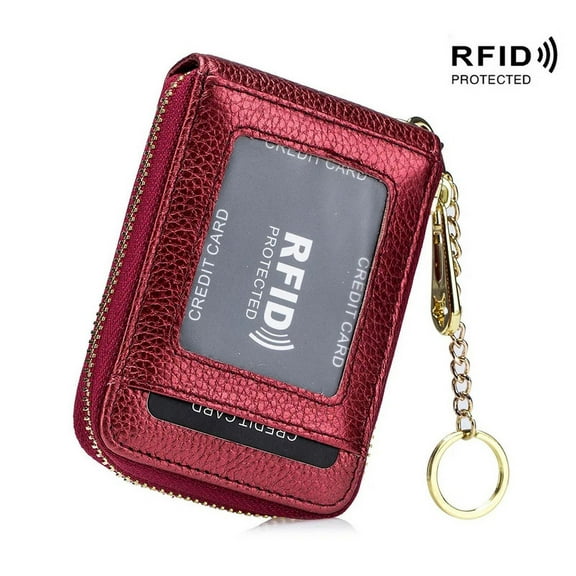 Women Genuine Leather ID Case Card Holder with Key Chain. 12 Credit Card Vertical Slots Fluorescent Minimalist Wallet Purse. RFID Blocking.
