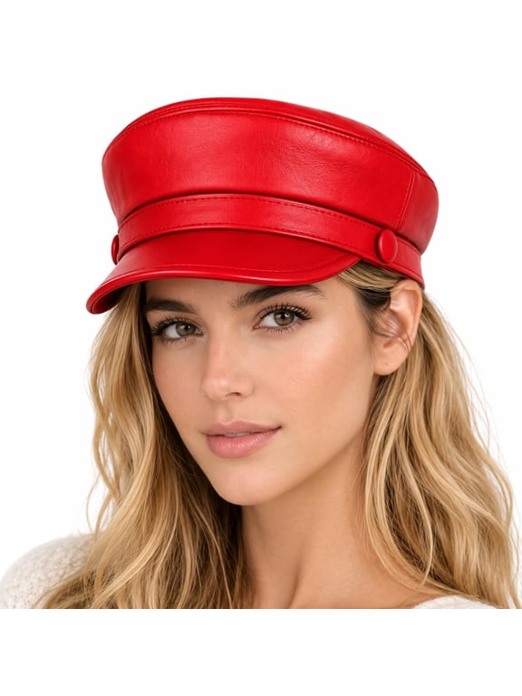 Women Genuine Leather Newsboy Cap Luxury Baker Boy Fiddler Hat for Women, Classic Beret Fisherman Captain Sailor Hat with Quilted Lining (US, Alpha, Medium, Red)