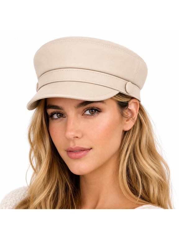 Women Genuine Leather Newsboy Cap Luxury Baker Boy Fiddler Hat for Women, Classic Beret Fisherman Captain Sailor Hat with Quilted Lining (US, Alpha, X-Large, Beige)