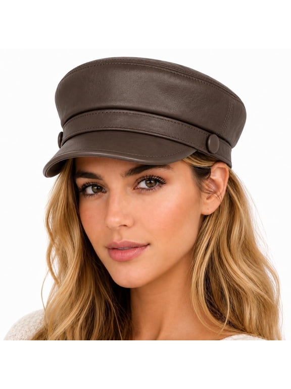 Women Genuine Leather Newsboy Cap Luxury Baker Boy Fiddler Hat for Women, Classic Beret Fisherman Captain Sailor Hat with Quilted Lining (US, Alpha, X-Large, XX-Large, Brown)