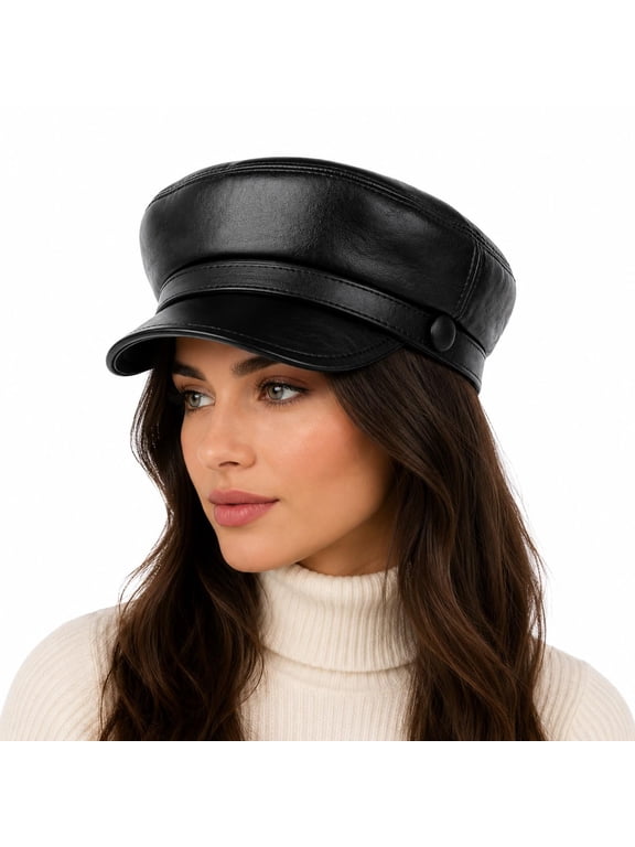 Women Genuine Leather Newsboy Cap Luxury Baker Boy Fiddler Hat for Women, Classic Beret Fisherman Captain Sailor Hat with Quilted Lining (US, Alpha, X-Large, XX-Large, Black)