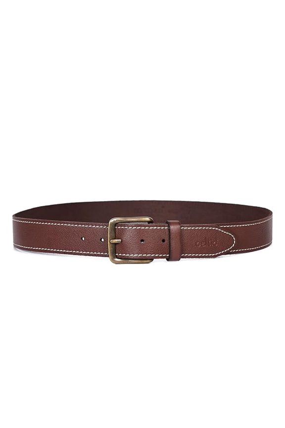 Women Genuine Leather Tan Belt Silver Buckle Contrast Stitching Casual Formal
