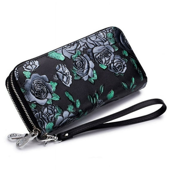 Women Genuine Leather Wallet with Wrist Strap, Double Zipped Embossed Flower Floral Hand Painted Wrislet Clutch Purse, RFID Blocking